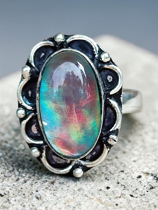 925 Sterling Silver Jewelry - Sterling Silver Aurora Opal Ring